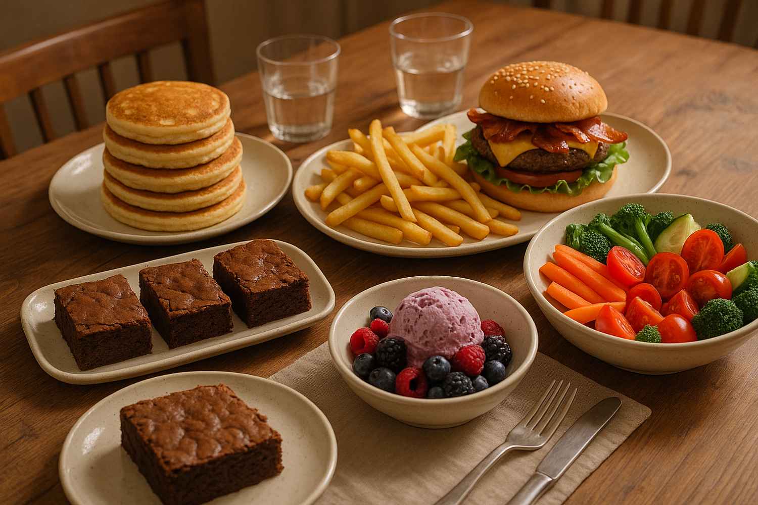 tavolo con pancake, brownies, patatine fritte, hambuerger con bacon, gelato ai frutti di bosco e verdure tutto fatto in casa